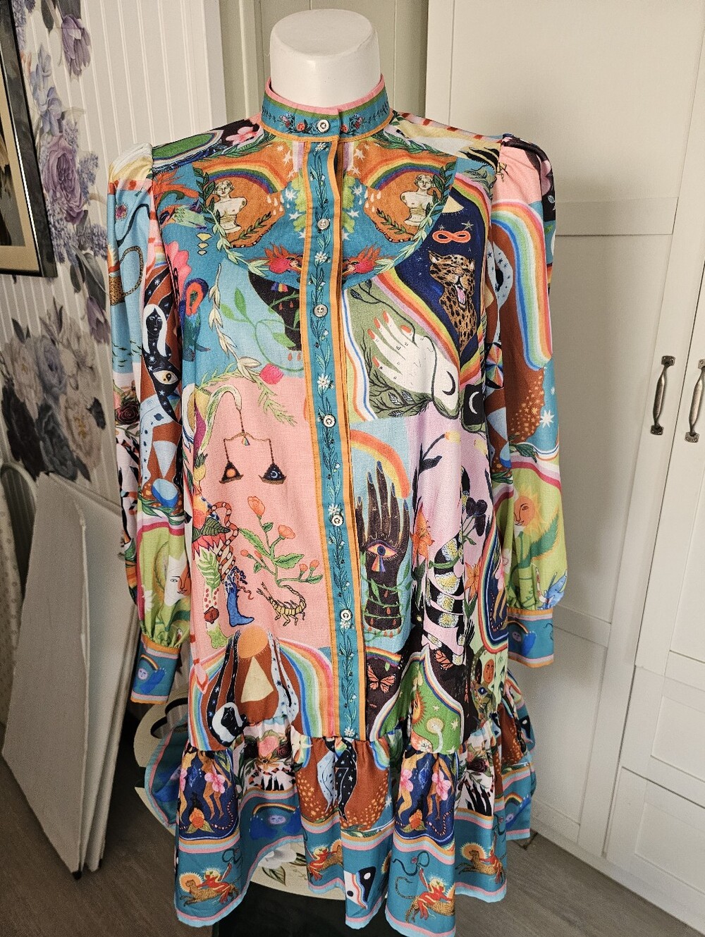 Pink Ripple Dress L Celestial Rainbow Zodiac Maximalist Boho Puff Sleeve Mini - Picture 3 of 10